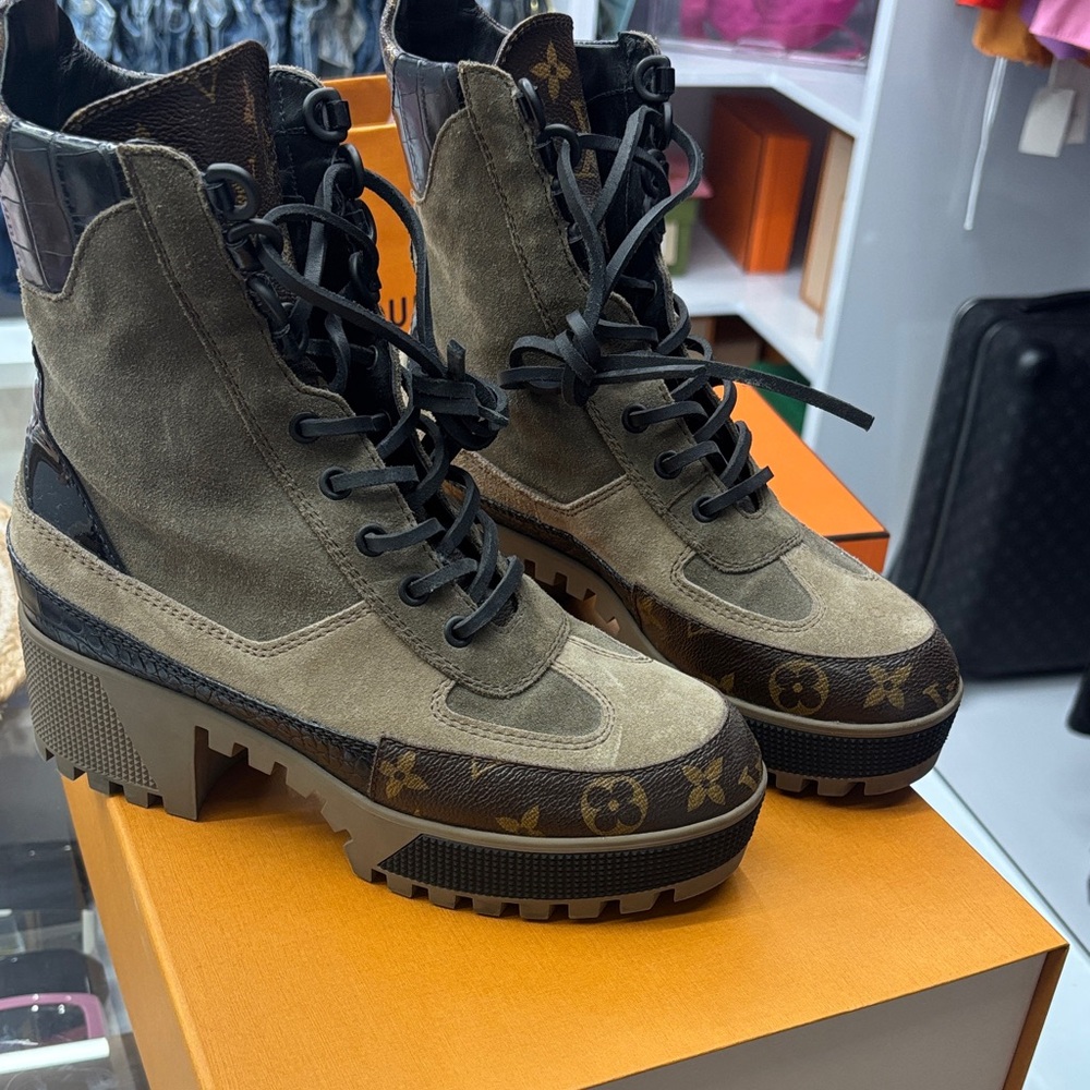 Louis Vuitton Brown & Tan Monogram Combat Platform Boots - Picture 4 of 4